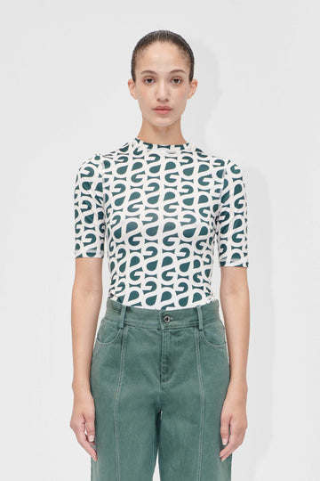 Stine Goya Elastic Short Sleeve T-Shirt Top Forest Green Logo