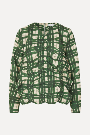 Stine Goya Long Sleeve Gathered Ruffle Top Top Checkered Wave