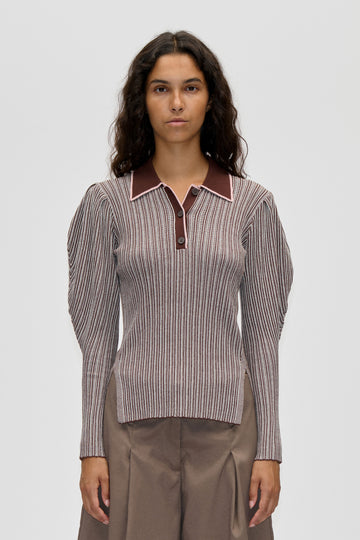 Stine Goya Long Sleeve Knit Polo Knit Ivory Stripes