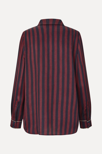 Stine Goya Long Sleeve Shirt Top Navy and Burgundy Wallpaper Stripes