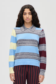 Stine Goya Mix Stripe Polo Collar Sweater Knit Multistripes Blue Mix