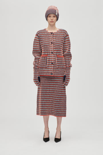 Stine Goya Plaited Flared Skirt Knit Navy / Red / Cream