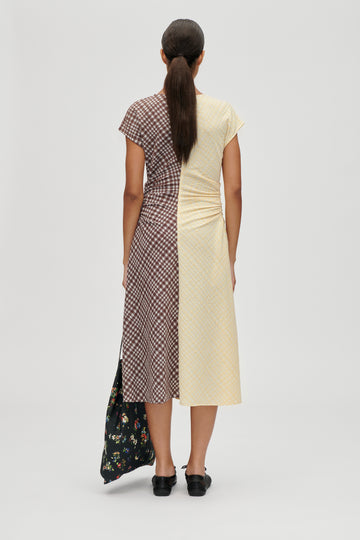 Stine Goya Ruched Waist Midi Dress Dress Brown And Yellow Checks