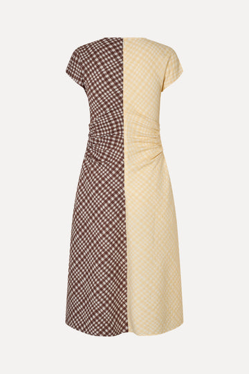 Stine Goya Ruched Waist Midi Dress Dress Brown And Yellow Checks