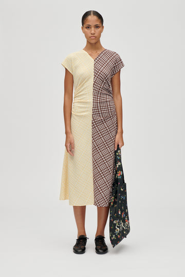 Stine Goya Ruched Waist Midi Dress Dress Brown And Yellow Checks