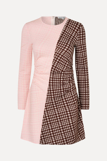 Stine Goya Ruched Waist Short Dress Dress Brown And Pink Checks