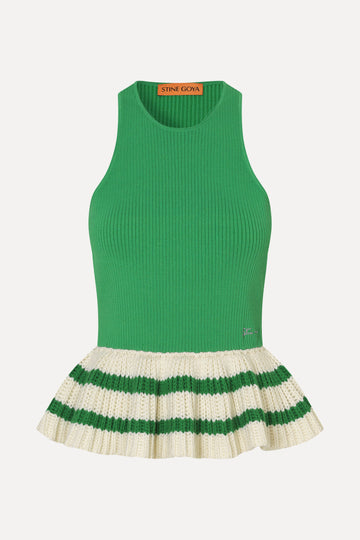 Stine Goya Ruffle Tank Top Top Green Stripes