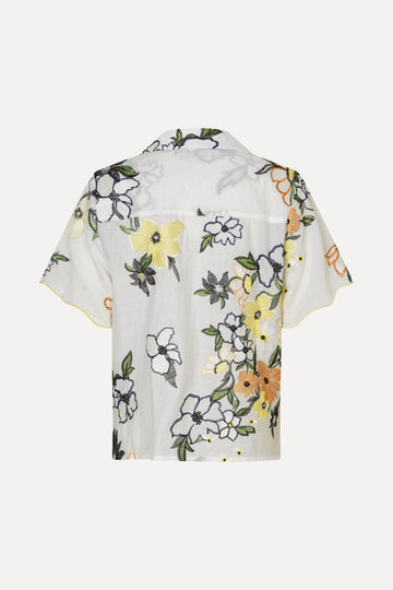 Stine Goya Scalloped Short Sleeve Shirt Top Wild Flowers Embroidery