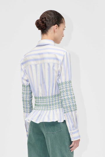 Stine Goya Smocked Gathered Boyfriend Shirt Top Pastel Stripes