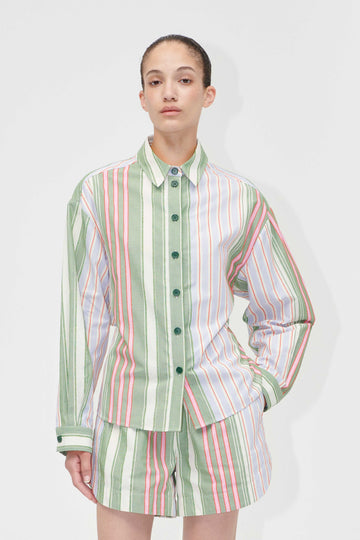 Stine Goya Tie Back Boyfriend Shirt Top Forest Stripe